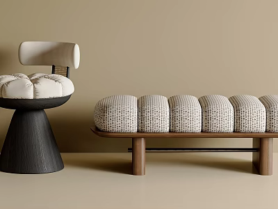 Modern Woven Sofa Bench with Wooden Legs and Padded Seat in Minimalist Interior 3d model