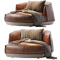 Modern Brown Leather Single Sofa With Gray Base Striped Pillow And Cozy Throw Blanket