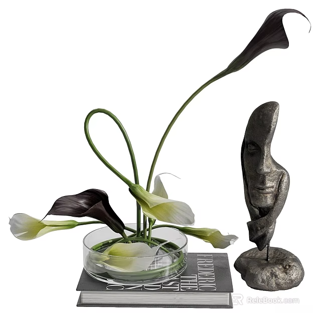 Transparent Glass Vase with White and Dark Purple Calla Lilies and Abstract Sculpture 3d model 