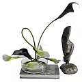 Transparent Glass Vase with White and Dark Purple Calla Lilies and Abstract Sculpture