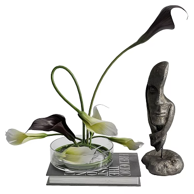 Transparent Glass Vase with White and Dark Purple Calla Lilies and Abstract Sculpture 3d model
