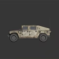 Camouflage Military Vehicle With Off Road Tires And Antenna On Desert Terrain