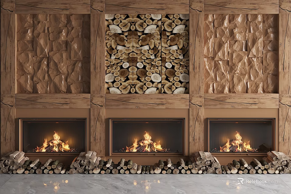 Wooden Textured Background Wall Featuring Decorative Panel And Three Fireplaces With Burning Flames 3d model