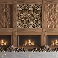 Wooden Textured Background Wall Featuring Decorative Panel And Three Fireplaces With Burning Flames 3d model