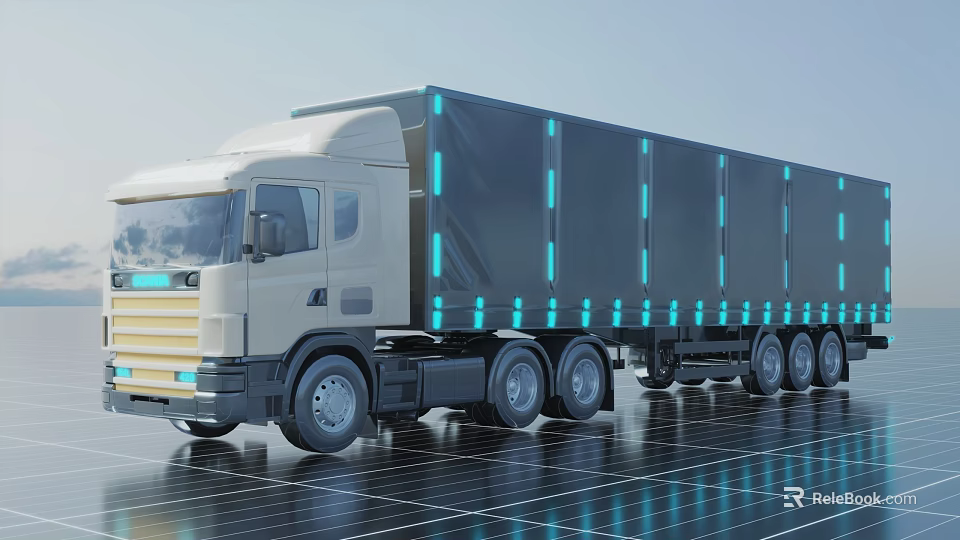 Futuristic Large Truck With Blue Lights Parked On Solar Panel Covered Ground 3d model 