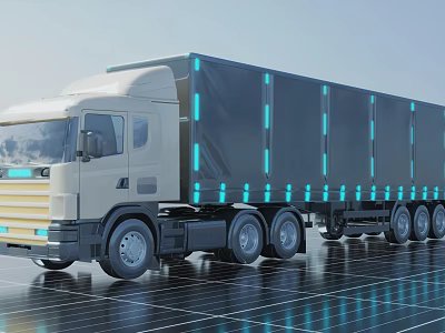 Futuristic Large Truck With Blue Lights Parked On Solar Panel Covered Ground 3d model