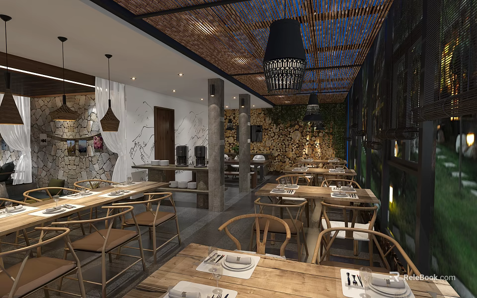 Rustic Restaurant Interior With Wooden Tables Hanging Lamps Stone And Greenery Walls 3d model 