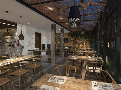 Rustic Restaurant Interior With Wooden Tables Hanging Lamps Stone And Greenery Walls 3d model