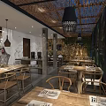 Rustic Restaurant Interior With Wooden Tables Hanging Lamps Stone And Greenery Walls