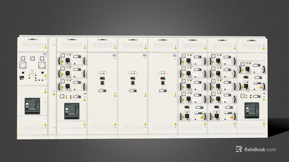 Row Of Industrial Control Panels With Electrical Switch Units And Indicators 3d model