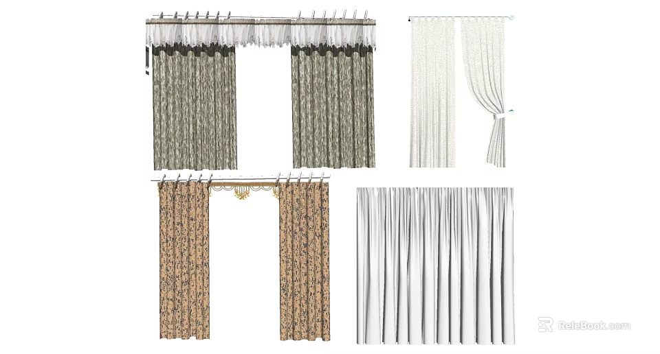 Various Curtains With Patterned Fabric Sheer Panels Decorative Tops And Tie Back Details 3d model 