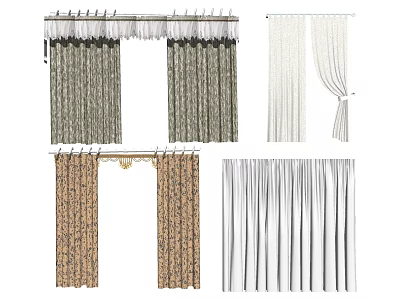 Various Curtains With Patterned Fabric Sheer Panels Decorative Tops And Tie Back Details 3d model