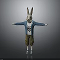 Cute Cartoon Rabbit Wearing Blue Cardigan White T shirt Camouflage Shorts Blue Shoes With Arms Outstretched