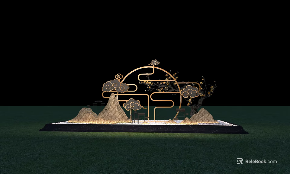 Garden Ornament With Golden Metal Structure Cloud Patterns And Mountain Decorations On Grassland 3d model 