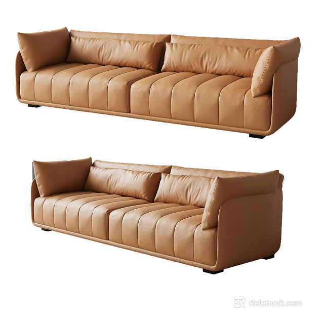 Modern Brown Leather Multi Seater Sofa With Tufted Backrest Padded Armrests 3d model 