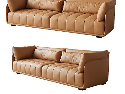Modern Brown Leather Multi Seater Sofa With Tufted Backrest Padded Armrests 3d model