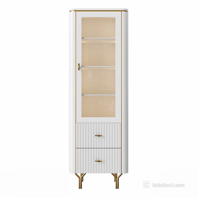Modern White Decorative Cabinet With Glass Door Shelves And Striped Drawers 3d model 