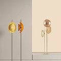 Modern Abstract Floor Lamp With Yellow Orange Copper Gold Circular Shades And Black Golden Poles