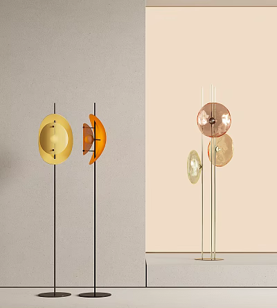 Modern Abstract Floor Lamp With Yellow Orange Copper Gold Circular Shades And Black Golden Poles 3d model