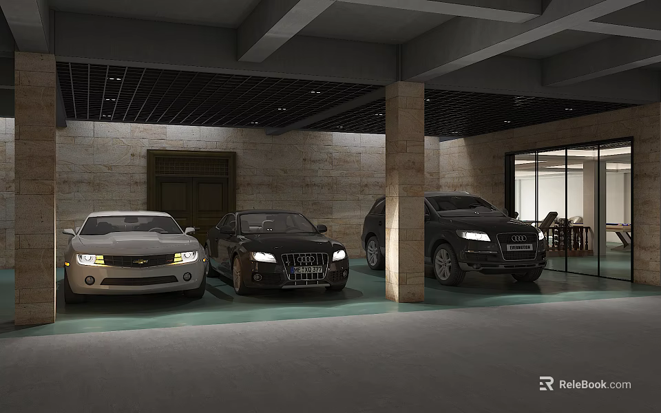 Basement Garage Interior With Three Parked Cars Stone Walls Columns And Ceiling Lights 3d model 