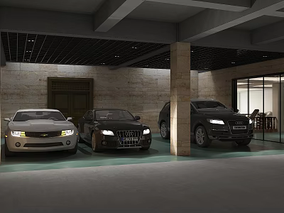 Basement Garage Interior With Three Parked Cars Stone Walls Columns And Ceiling Lights 3d model