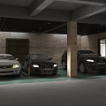 Basement Garage Interior With Three Parked Cars Stone Walls Columns And Ceiling Lights