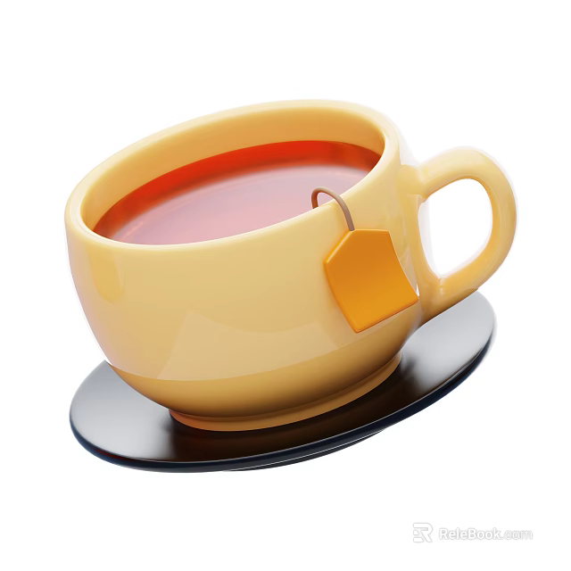 Yellow Teacup With Red Tea And Orange Tea Bag On Black Coaster 3d model 