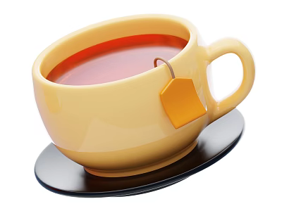Yellow Teacup With Red Tea And Orange Tea Bag On Black Coaster 3d model