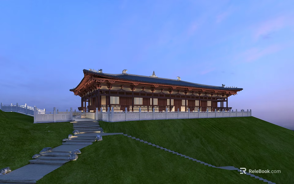 Traditional Ancient Architecture With Overhanging Eaves And Stone Steps On Green Grassland 3d model 