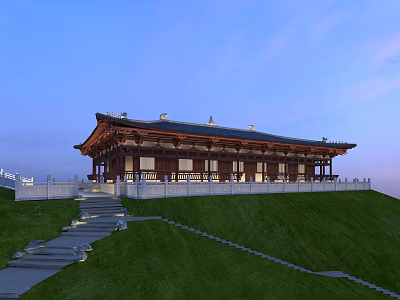 Traditional Ancient Architecture With Overhanging Eaves And Stone Steps On Green Grassland 3d model