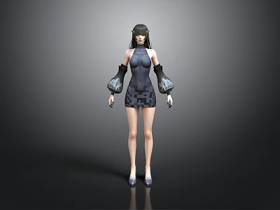 Woman Wearing Dark Sleeveless Dress Black Long Gloves Purple High Heels On Gray Black Background 3d model