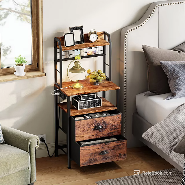 Wooden Metal Storage Shelf With Tiers Drawers Photo Frames Alarm Clock And Fruits In Bedroom 3d model 