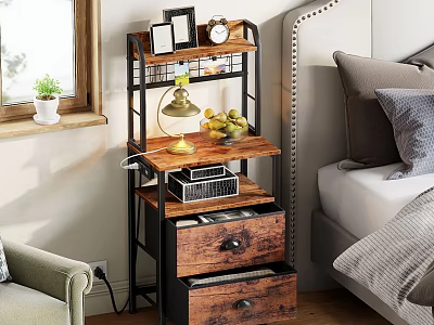 Wooden Metal Storage Shelf With Tiers Drawers Photo Frames Alarm Clock And Fruits In Bedroom 3d model