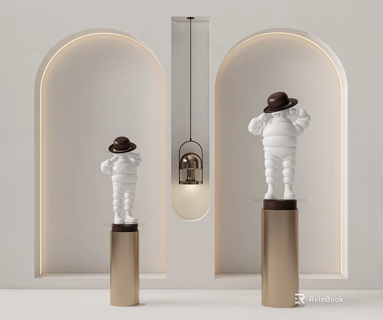 White Sculptures Wearing Hats Standing On Gold Pillars With Arched Background Walls And Hanging Lamp 3d model 