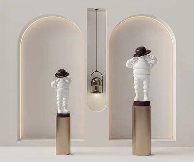 White Sculptures Wearing Hats Standing On Gold Pillars With Arched Background Walls And Hanging Lamp 3d model