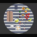 Colorful Picnic Food On Blue And White Striped Blanket With Bananas Oranges Cake And Drinks