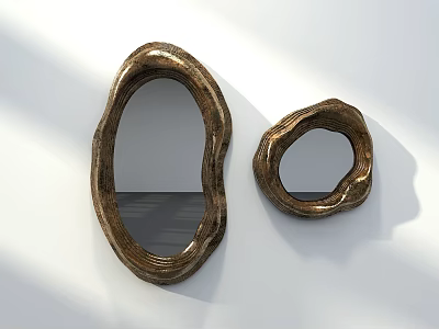 Two Irregular Shaped Golden Mirrors On White Wall With Shadow Effects 3d model