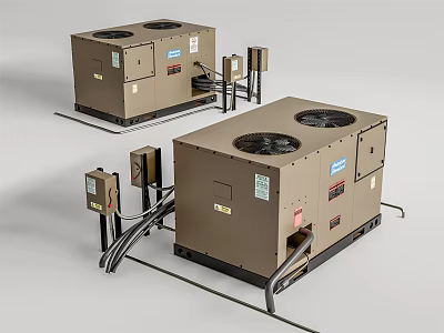Brown Industrial HVAC Units With Dual Fans Control Boxes And Connected Pipes 3d model