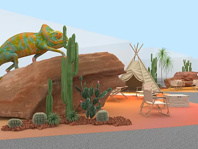 Outdoor Floral Art Display With Cacti Rock Tent Camping Chairs And Chameleon Decor 3d model