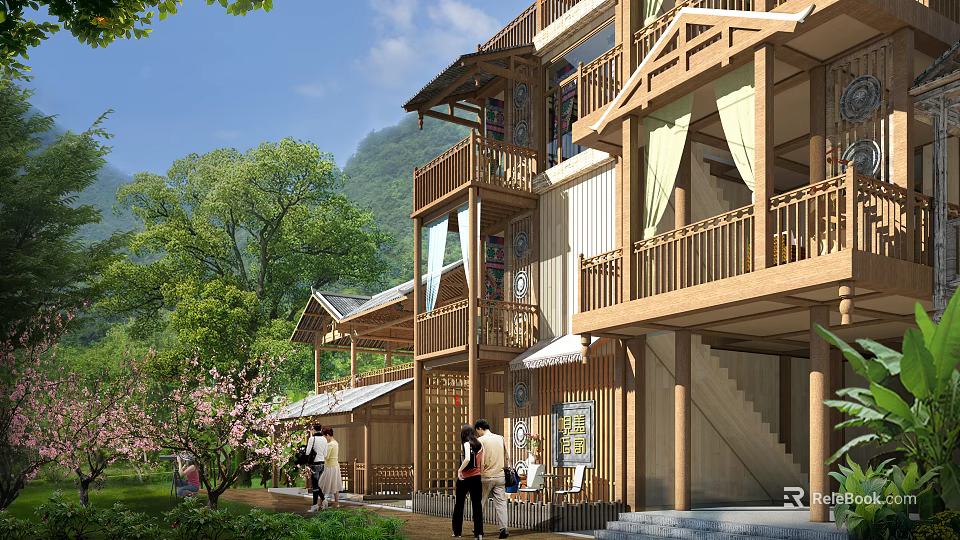Traditional Wooden Homestay Building With Balconies Amid Green Mountains And Peach Blossoms 3d model 