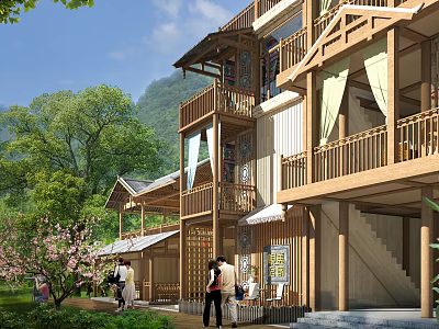 Traditional Wooden Homestay Building With Balconies Amid Green Mountains And Peach Blossoms 3d model