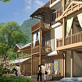 Traditional Wooden Homestay Building With Balconies Amid Green Mountains And Peach Blossoms