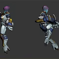 Pink Haired Game Movie Character In Blue White Orange Armor Holding Weapons In Combat Pose