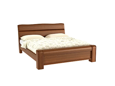 Wooden Double Bed with Walnut Frame Pillows and Patterned Bedspread 3d model