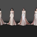 Women Standing In Elegant Satin Mermaid Dresses On Dark Reflective Floor