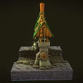 Cartoon Scene of Enchanted Entrance With Green Tiled Roof Wooden Arch Lanterns And Stone Base