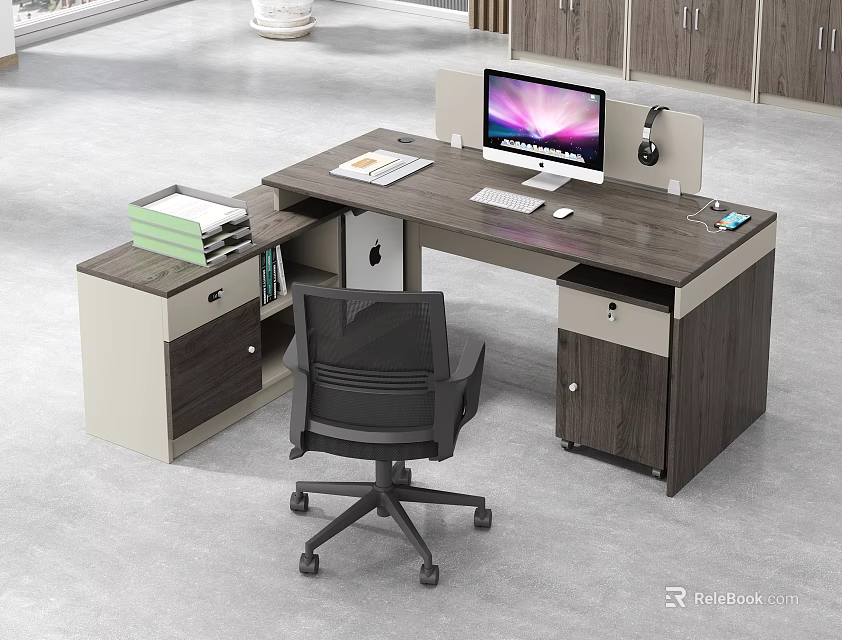 Modern Office Desk With Computer Monitor Keyboard Mouse Notebook And Storage Drawers 3d model 