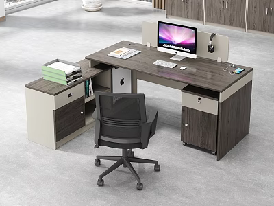 Modern Office Desk With Computer Monitor Keyboard Mouse Notebook And Storage Drawers 3d model