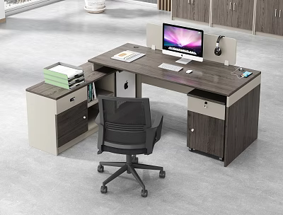 Modern Office Desk With Computer Monitor Keyboard Mouse Notebook And Storage Drawers 3d model