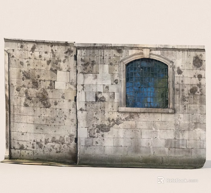 Weathered Stone Wall With Arched Window And Blue Glass Panes 3d model 